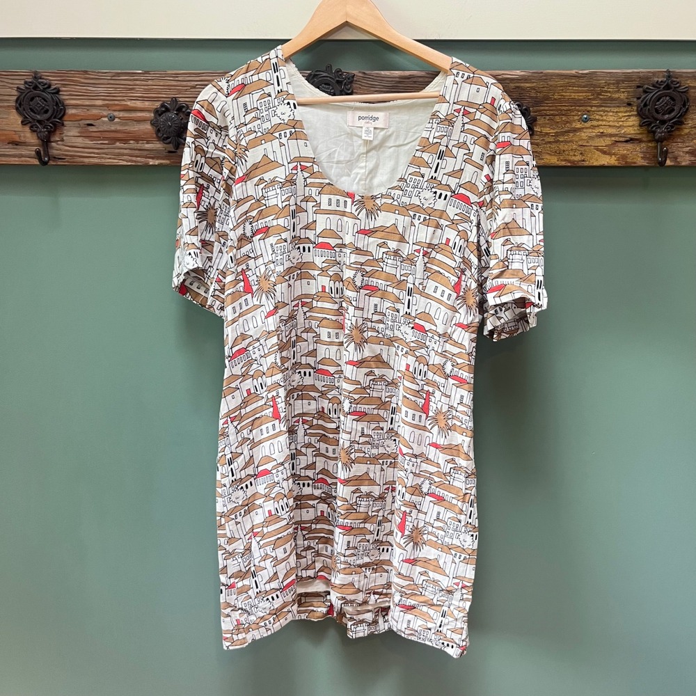 Porridge Clothing Mediterranean Village Print Linen Blend Shift Dress XL Cream